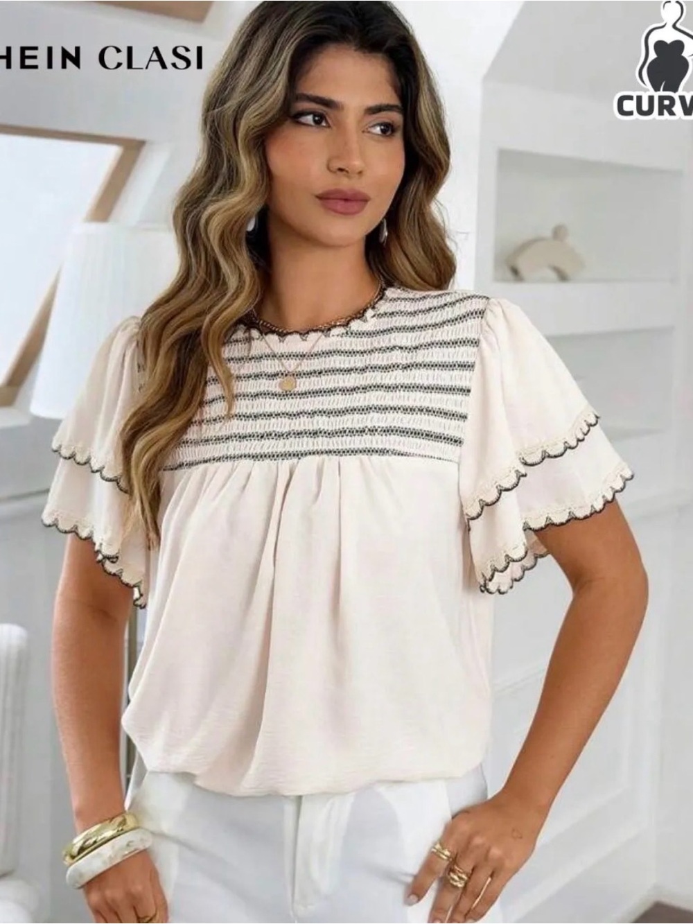 SHEIN Ivory Smocked Yoke Flutter Sleeve Blouse